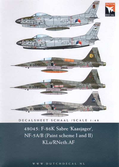Dutch Decal DD48045 1:48 North-American F-86K Sabre Dog/Northrop NF-5A/B Freedom Fighter. Codes and Squadron Badges
