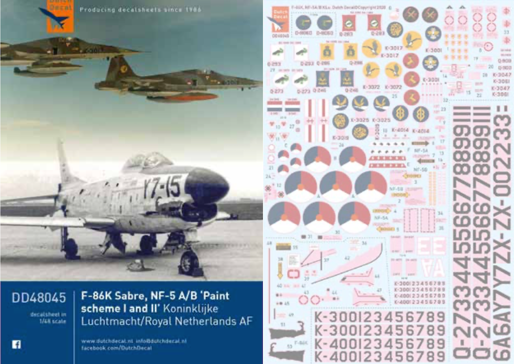 Dutch Decal DD48045 1:48 North-American F-86K Sabre Dog/Northrop NF-5A/B Freedom Fighter. Codes and Squadron Badges