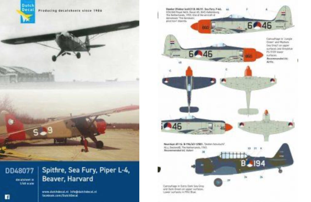 Dutch Decal DD48077 1:48 Beaver, Supermarine Spitfire, Harvard, Piper L-4, Beaver KLu en Kroonduif, Messerschmitt Bf-108