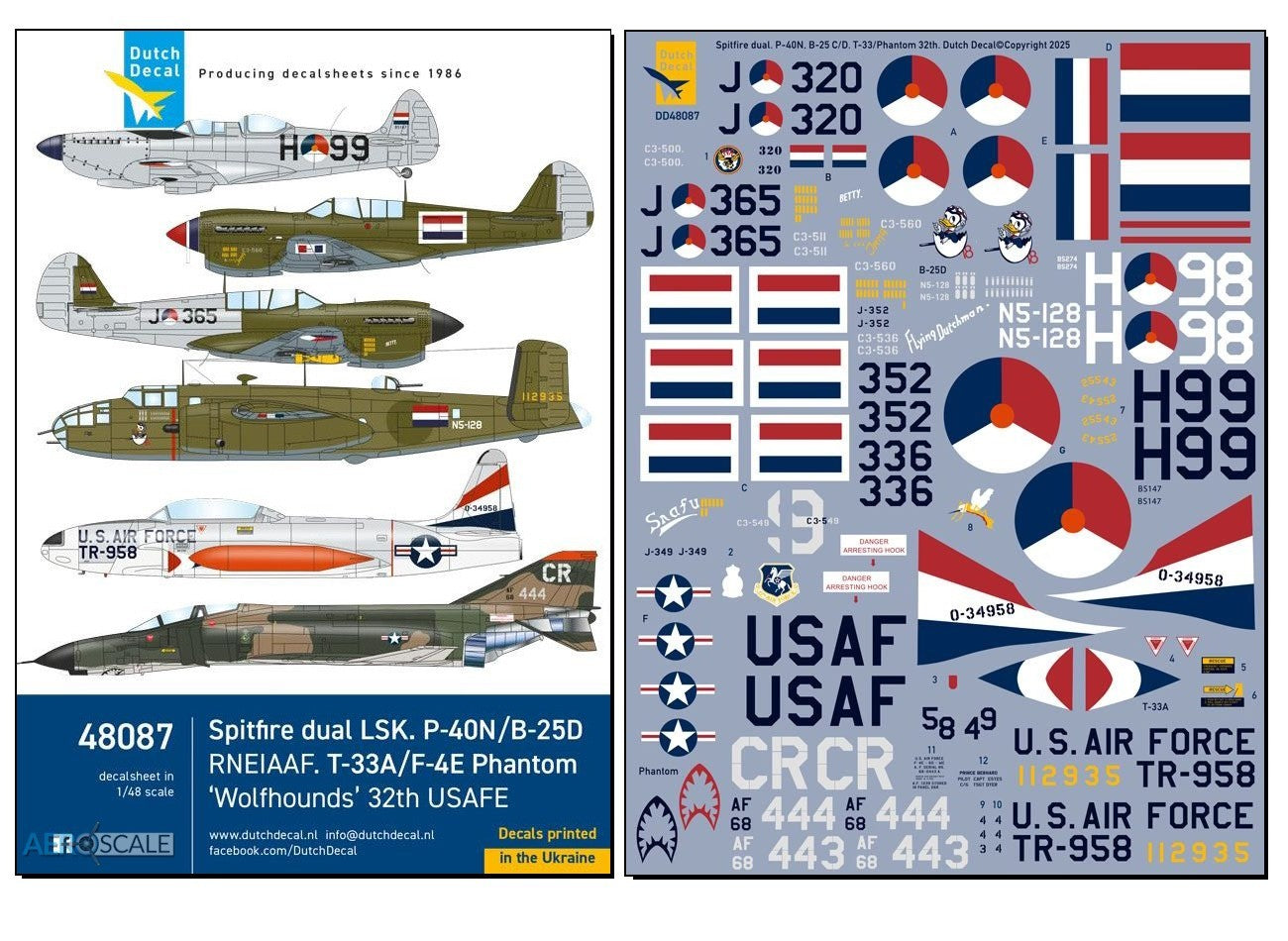 Dutch Decal 48087 1:48 Supermarine Spitfire Dual LSK, P-40N/B-25D RNEIAAF. T-33A/F-4E Phantom â€˜Wolfhoundsâ€™ 32th USAFE â€“ I