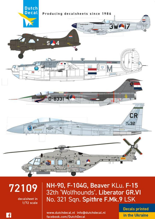 Dutch Decal 72109 1:72 NH-90, Lockheed F-104G Starfighter, de Havilland Beaver, McDonnell F-15 Eagle, Consolidated B-24 GR.VI Liberator, Supermarine Spitfire Mk.IX LSK