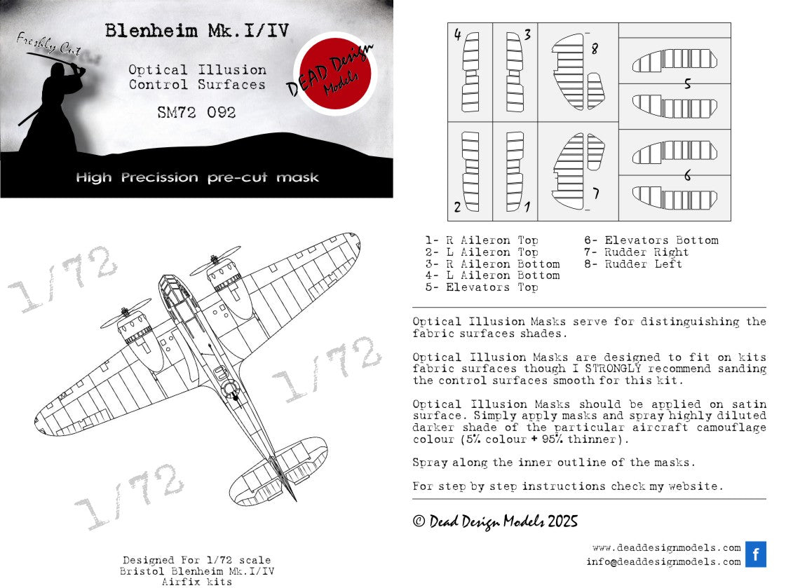Dead Design Models SM72092 1:72 Bristol Blenheim Mk.I/Mk.IV 3D effect/optical illusion paint mask for control surfaces