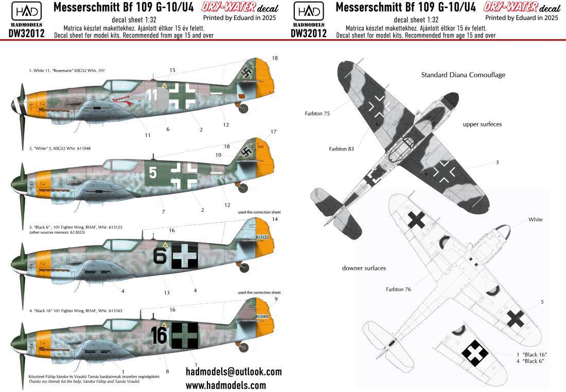 HAD Models DW-32012 1:32 Messerschmitt Bf-109G-10 DRY-WATER decals ( Printed by Eduard)
