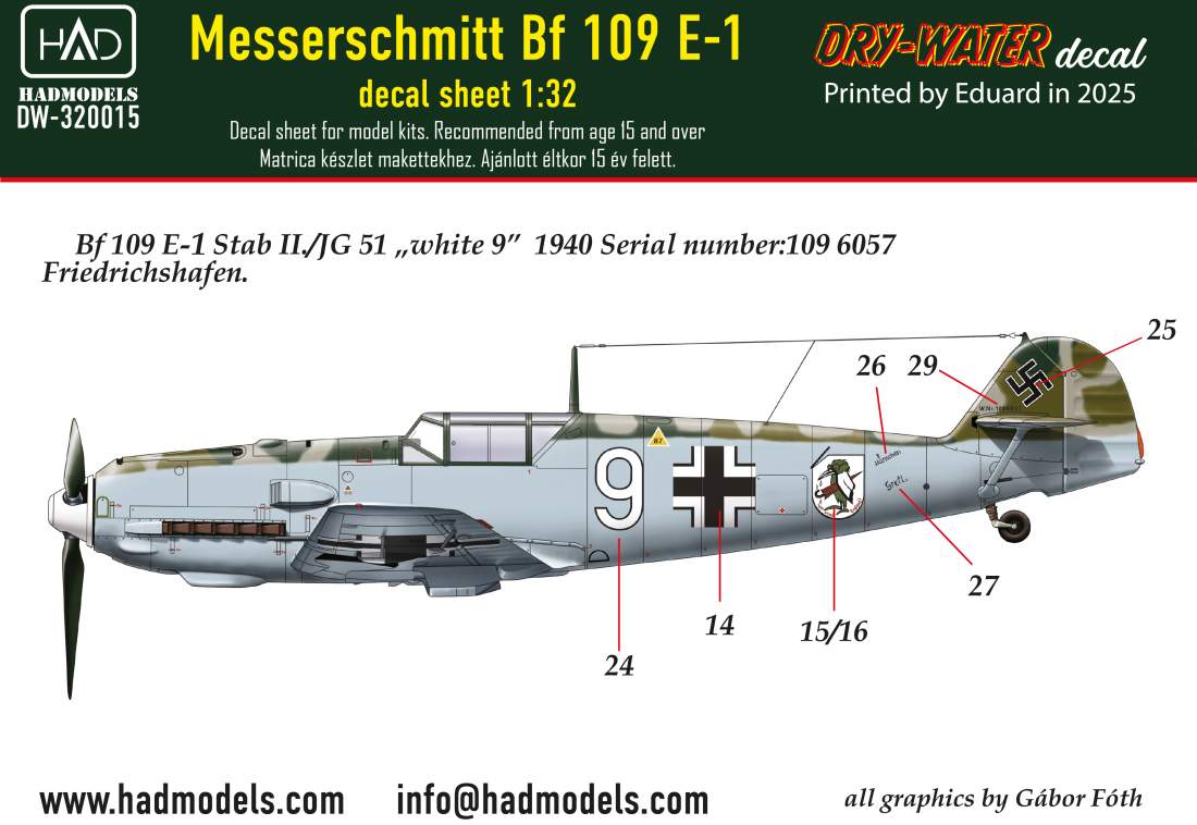 HAD Models DW-32015 1:32 Messerschmitt Bf-109E-1 (White 9) DRY-WATER decals ( Printed by Eduard)