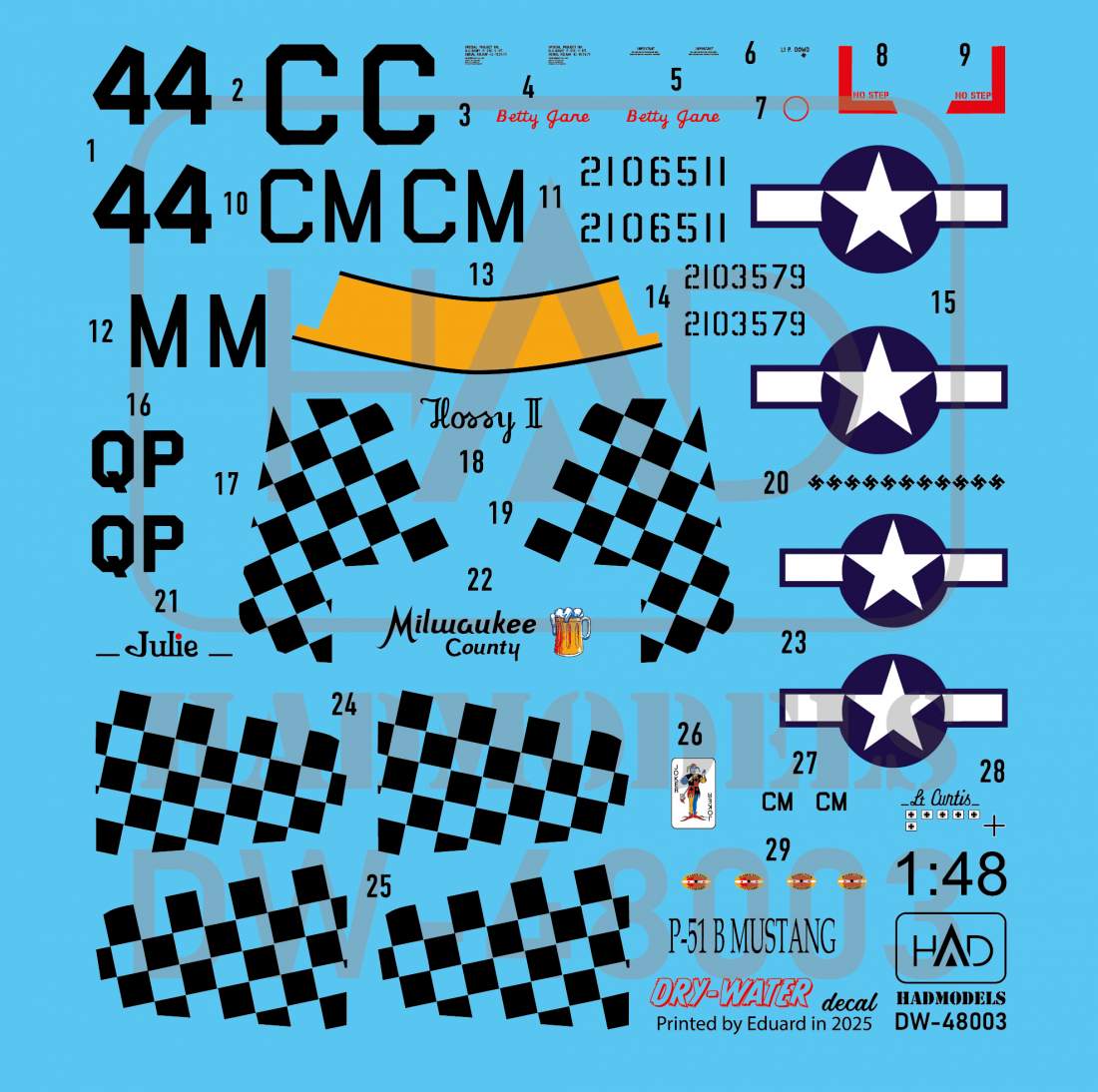 HAD Models DW-48003 1:48 North-American P-51B Mustang DRY-WATER decals ( Printed by Eduard)