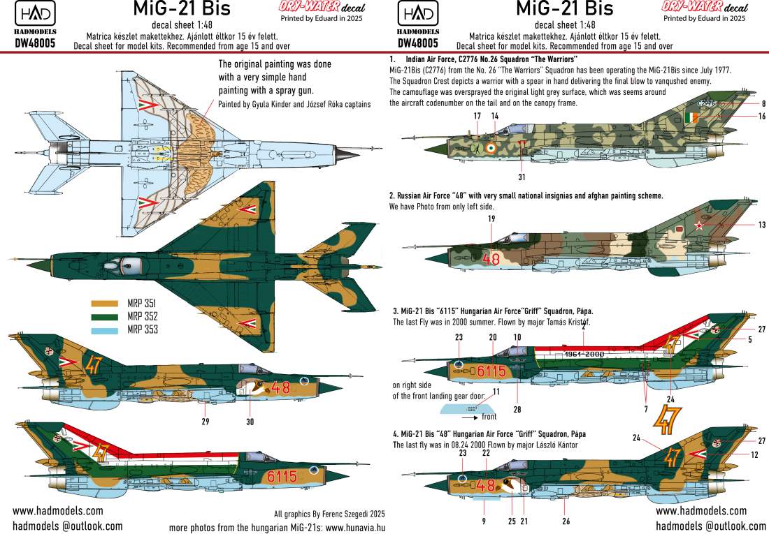 HAD Models DW-48005 1:48 Mikoyan MiG-21Bis Hungarian Air Force x 2; Russian Air Force; Indian Air Force; DRY-WATER decals ( Printed by Eduard)