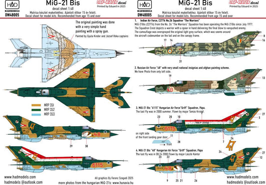 HAD Models DW-48005 1:48 Mikoyan MiG-21Bis Hungarian Air Force x 2; Russian Air Force; Indian Air Force; DRY-WATER decals ( Printed by Eduard)