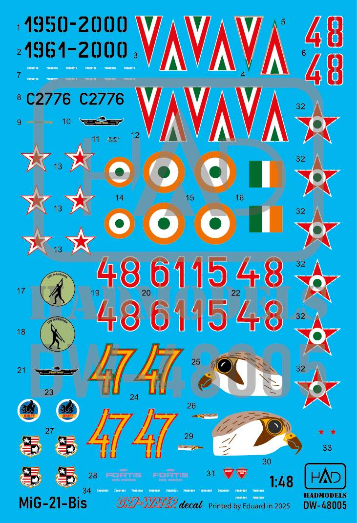 HAD Models DW-48005 1:48 Mikoyan MiG-21Bis Hungarian Air Force x 2; Russian Air Force; Indian Air Force; DRY-WATER decals ( Printed by Eduard)