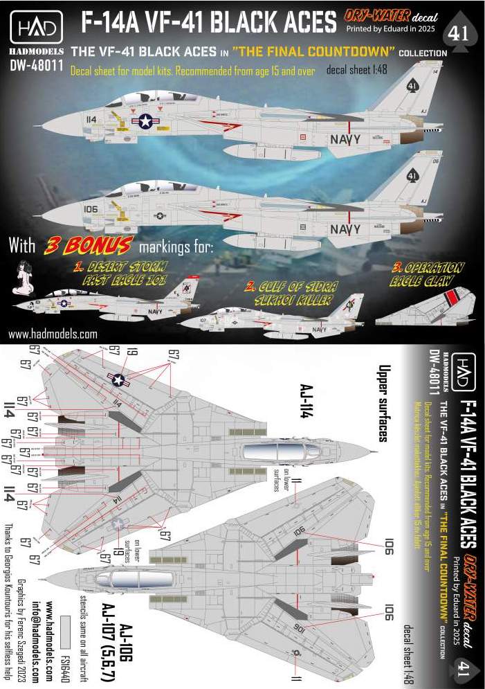 HAD Models DW-48011 1:48 Grumman F-14A Tomcat VF-41 Black Aces decal sheet