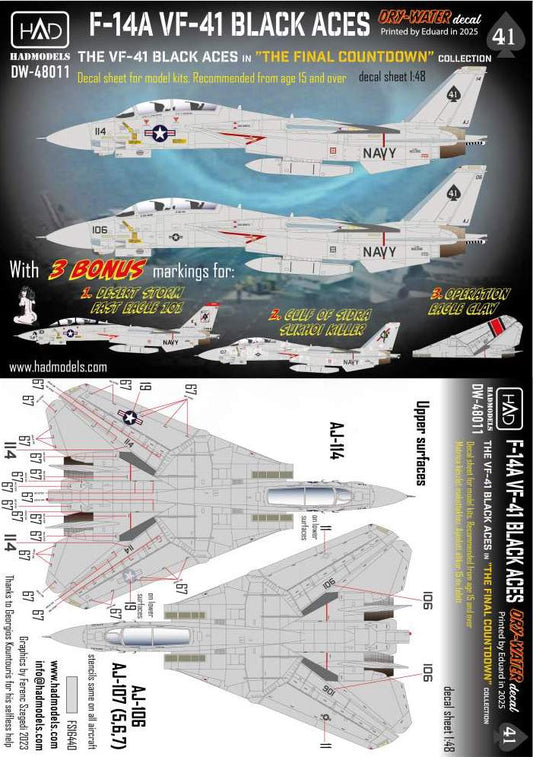 HAD Models DW-48011 1:48 Grumman F-14A Tomcat VF-41 Black Aces decal sheet