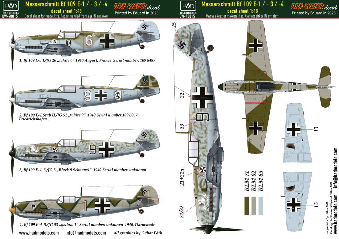 HAD Models DW-48015 1:48 Messerschmitt Bf-109E-1; Bf-109E-2; Bf-109E-3 DRY-WATER decals ( Printed by Eduard)