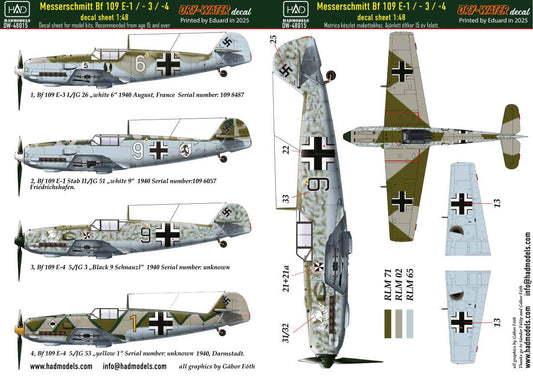 HAD Models DW-48015 1:48 Messerschmitt Bf-109E-1; Bf-109E-2; Bf-109E-3 DRY-WATER decals ( Printed by Eduard)