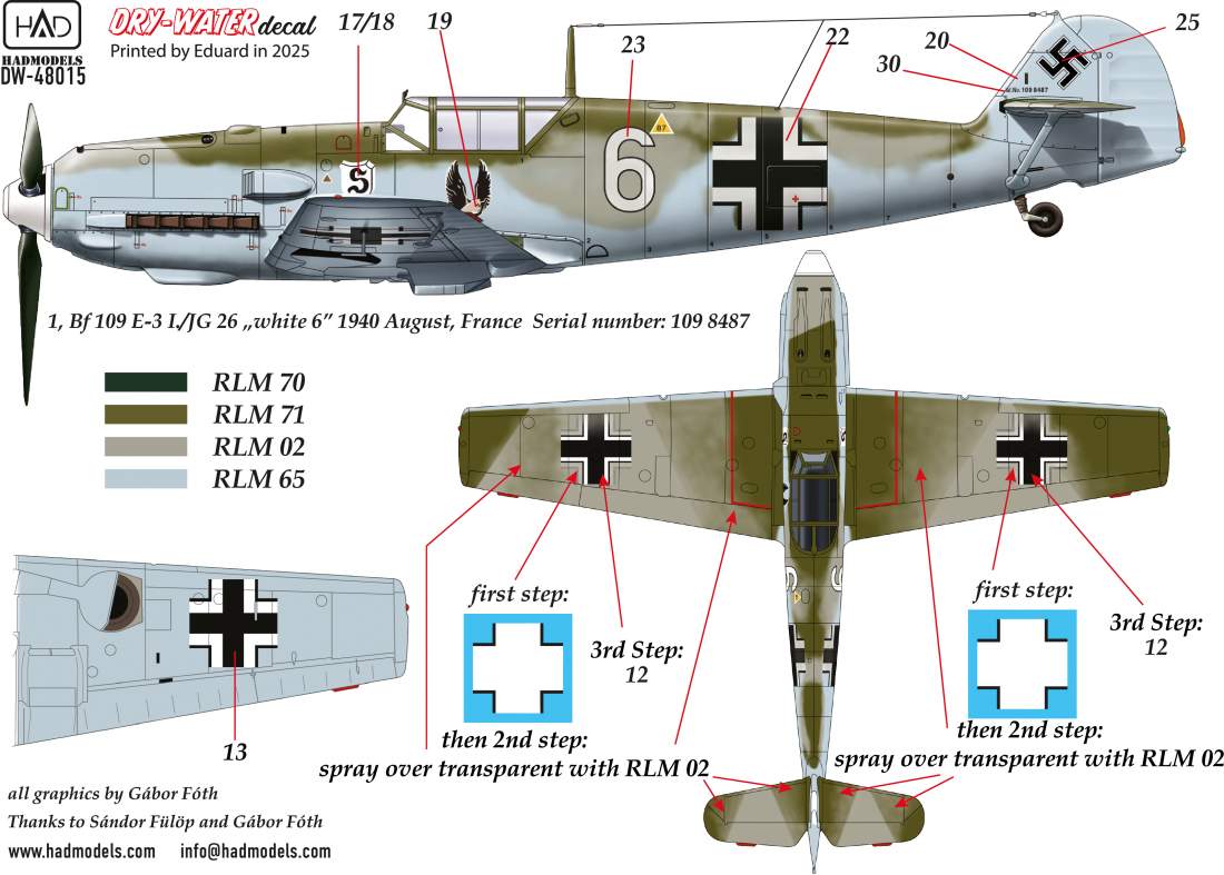 HAD Models DW-48015 1:48 Messerschmitt Bf-109E-1; Bf-109E-2; Bf-109E-3 DRY-WATER decals ( Printed by Eduard)