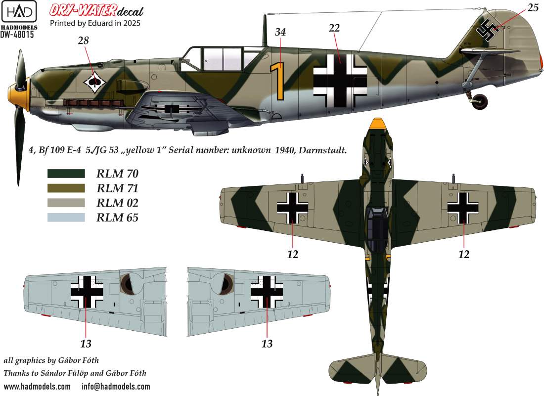 HAD Models DW-48015 1:48 Messerschmitt Bf-109E-1; Bf-109E-2; Bf-109E-3 DRY-WATER decals ( Printed by Eduard)
