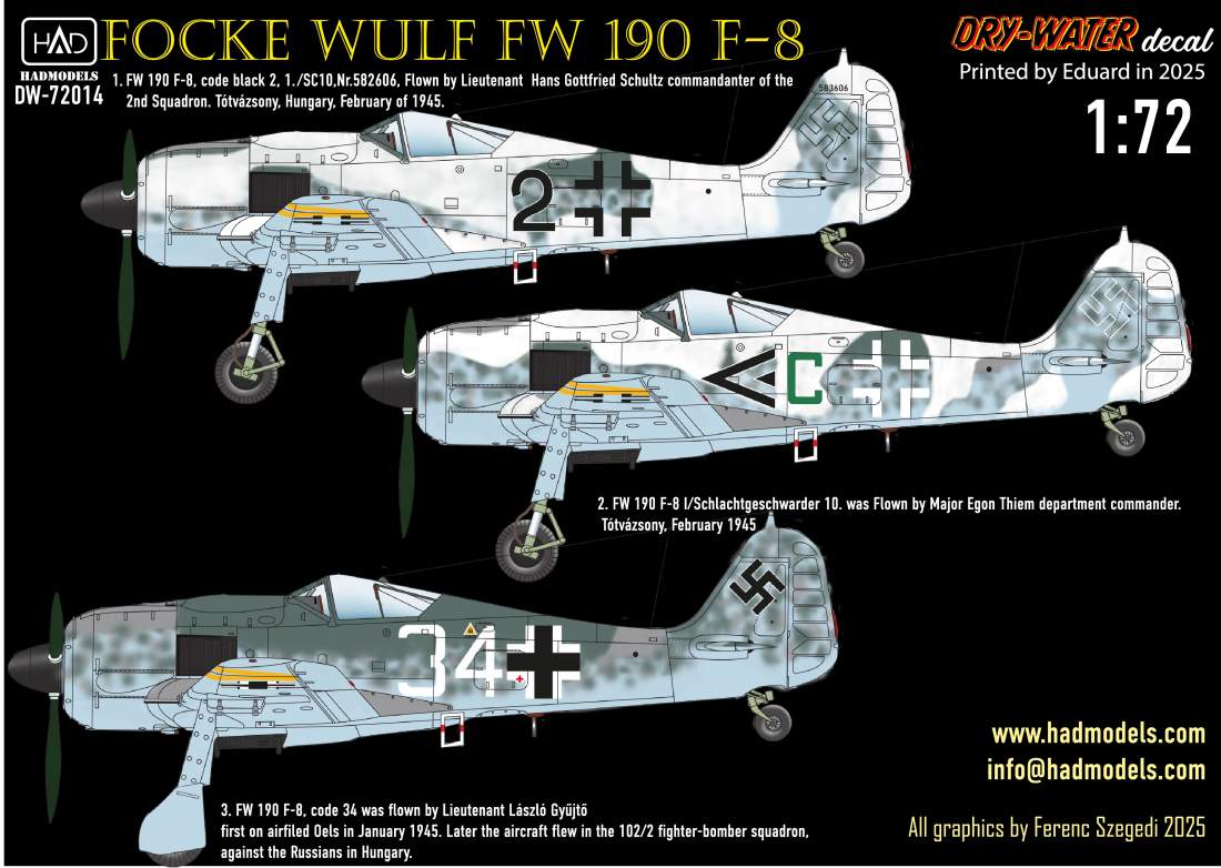 HAD Models DW-72014 1:72 Focke-Wulf Fw-190F-8 (green C, Black 2, White 34) DRY-WATER decals ( Printed by Eduard)