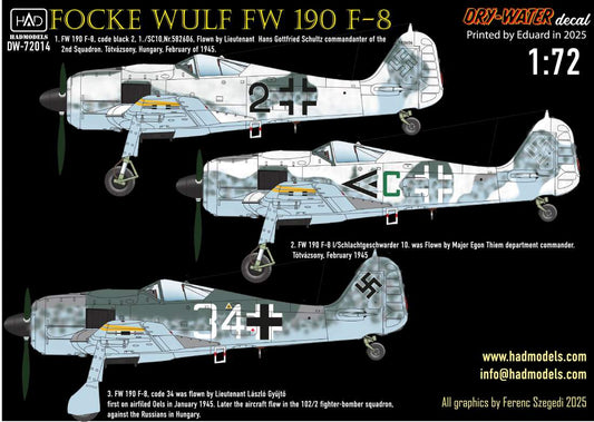 HAD Models DW-72014 1:72 Focke-Wulf Fw-190F-8 (green C, Black 2, White 34) DRY-WATER decals ( Printed by Eduard)