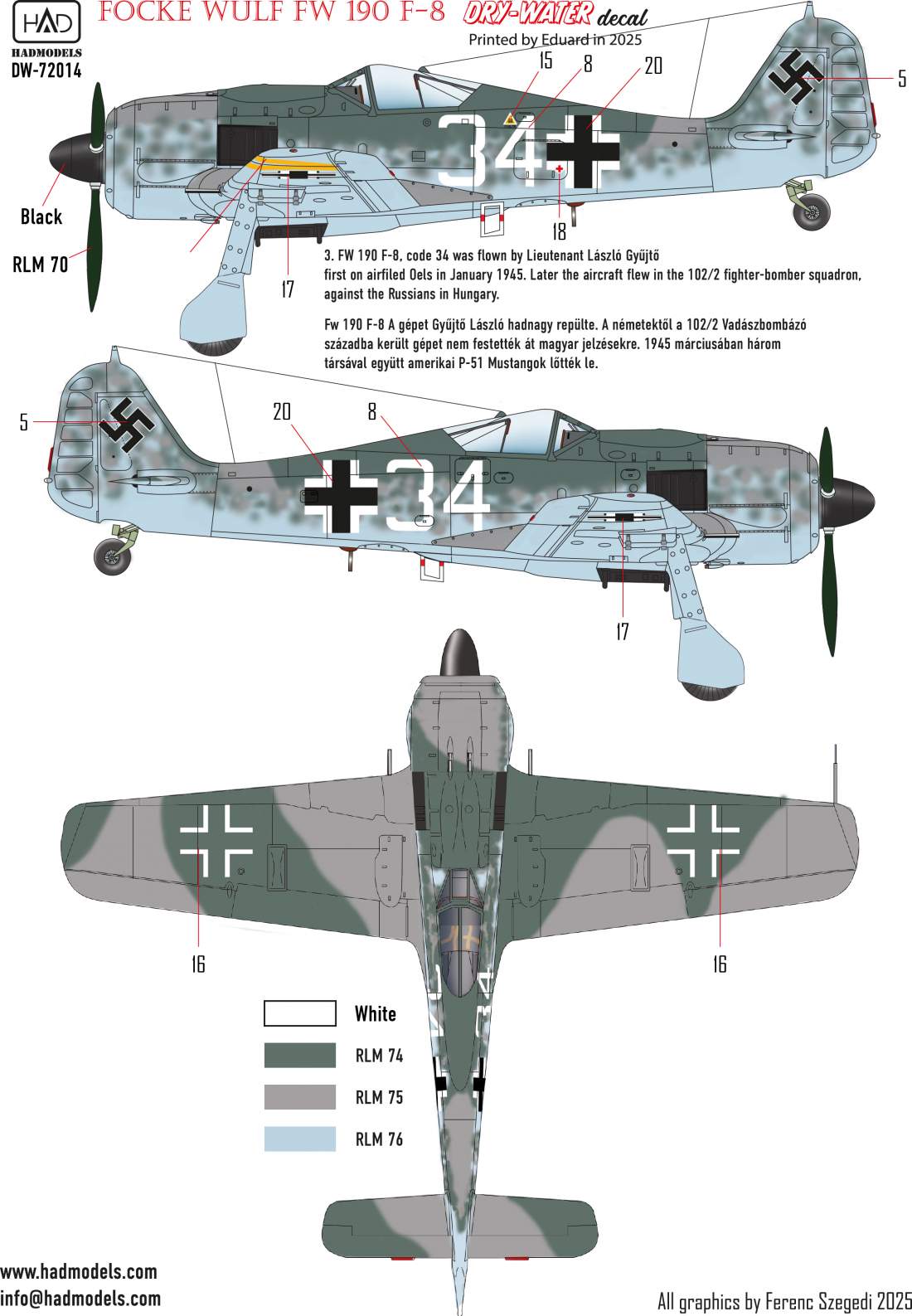 HAD Models DW-72014 1:72 Focke-Wulf Fw-190F-8 (green C, Black 2, White 34) DRY-WATER decals ( Printed by Eduard)