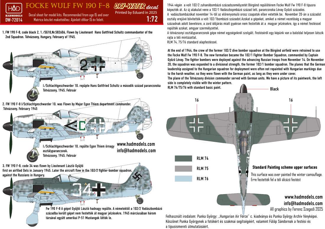 HAD Models DW-72014 1:72 Focke-Wulf Fw-190F-8 (green C, Black 2, White 34) DRY-WATER decals ( Printed by Eduard)