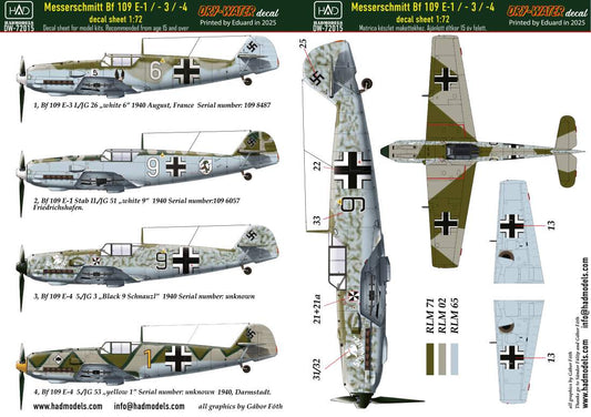 HAD Models DW-72015 1:72 Messerschmitt Bf-109E-1; Bf-109E-2; Bf-109E-3 DRY-WATER decals ( Printed by Eduard)