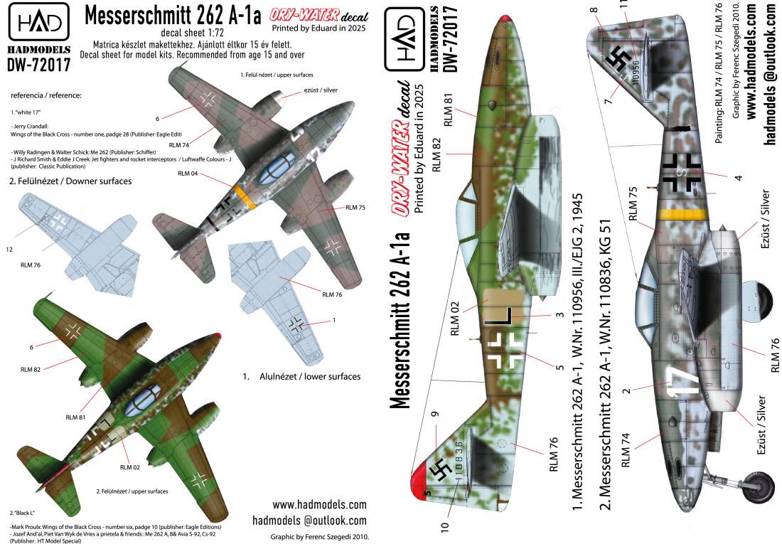 HAD Models DW-72017 1:72 Messerschmitt Me-262A-1 (Luftwaffe black L, white 17) DRY-WATER decals ( Printed by Eduard)