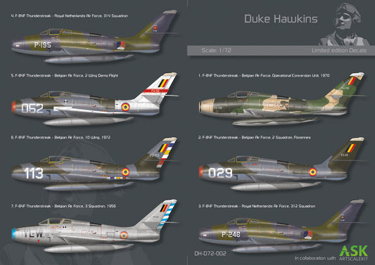 HMH-Publications DH-D72-002 1:72 Republic F-84F. 7 markings. 5 Belgian and 2 Dutch schemes.