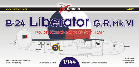 DK Decals 144001 1:144 Consolidated Liberator GR.VI of No.311 (Czechoslovak) Sq. RAF (3 camouflage schemes)