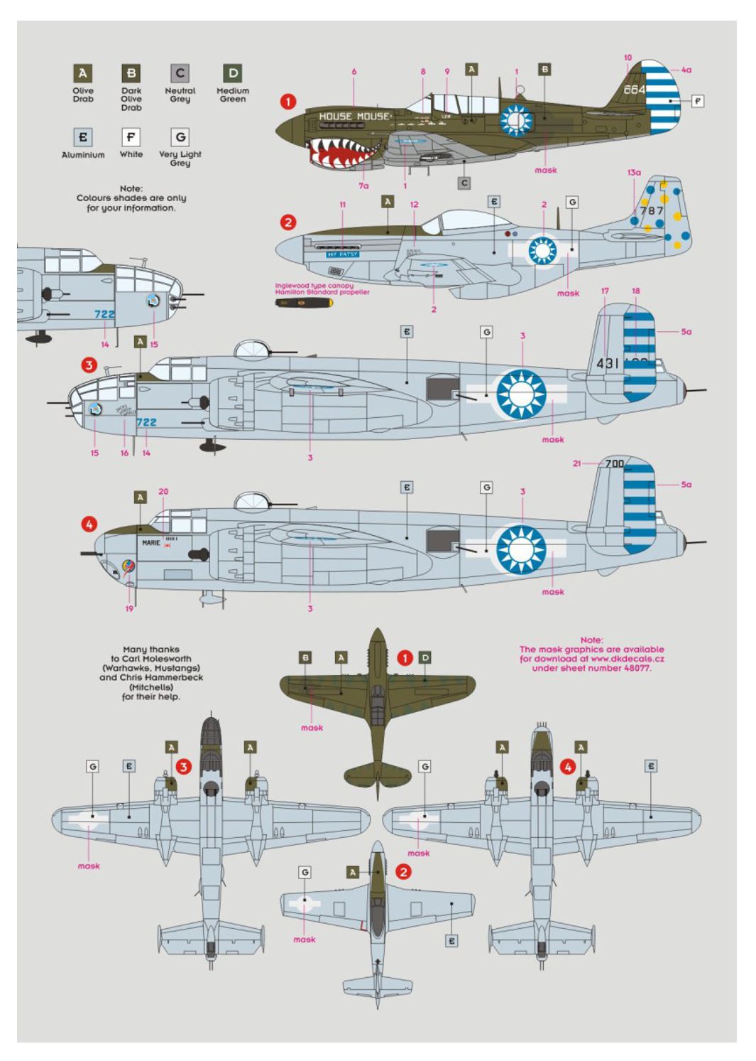 DK Decals 48077 1:48 CACW planes (P-40N, North-American P-51K, B-25H/J)