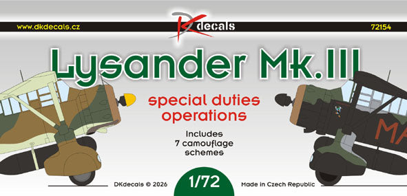 DK Decals 72154 1:72 Westland Lysander Mk.III Special Duties Opearations