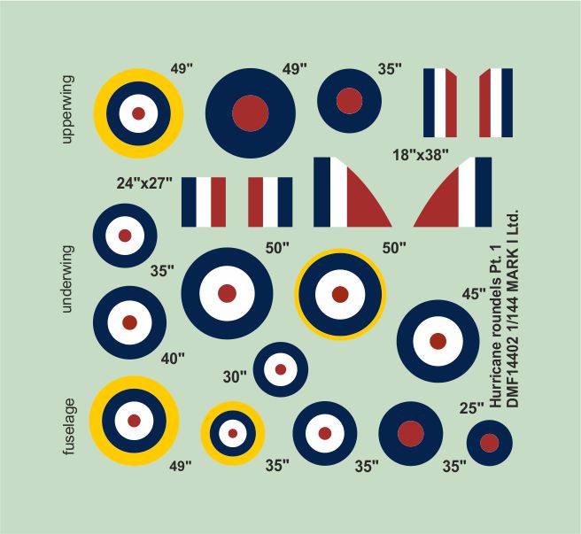 Mark I Decals DMF14402 1:144 Hawker Hurricane roundels & fin flashes, Pt.1, 2 sets	roundels Type A