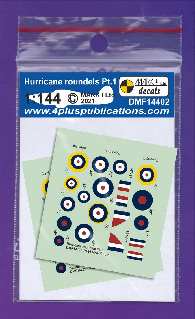 Mark I Decals DMF14402 1:144 Hawker Hurricane roundels & fin flashes, Pt.1, 2 sets	roundels Type A