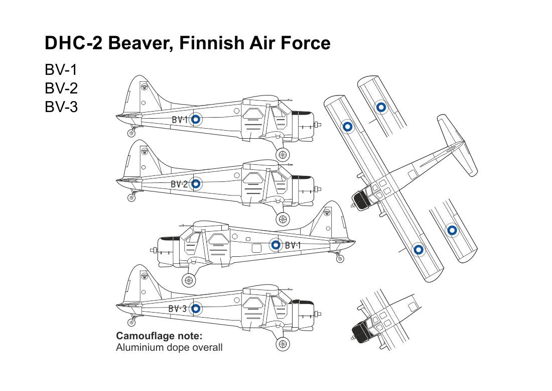 Mark I Decals DMF14409 1:144 de Havilland Canada DHC-2 Beaver in Finnish AF			Decals for the following aircraft are included:			BV-1			BV-2			BV-3			These decals were designed to match 1/144 Miniwing kit.