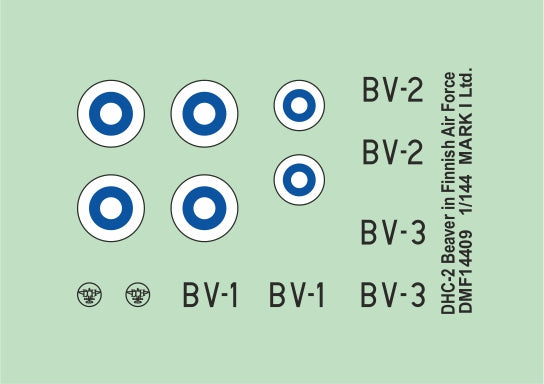 Mark I Decals DMF14409 1:144 de Havilland Canada DHC-2 Beaver in Finnish AF			Decals for the following aircraft are included:			BV-1			BV-2			BV-3			These decals were designed to match 1/144 Miniwing kit.