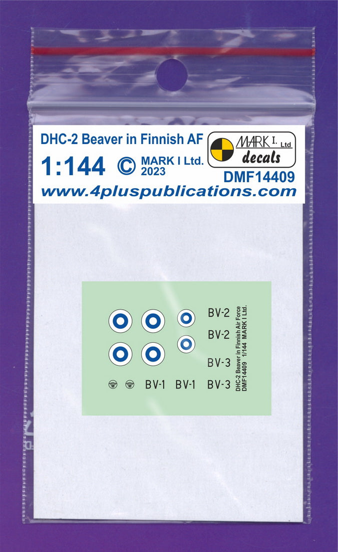 Mark I Decals DMF14409 1:144 de Havilland Canada DHC-2 Beaver in Finnish AF			Decals for the following aircraft are included:			BV-1			BV-2			BV-3			These decals were designed to match 1/144 Miniwing kit.