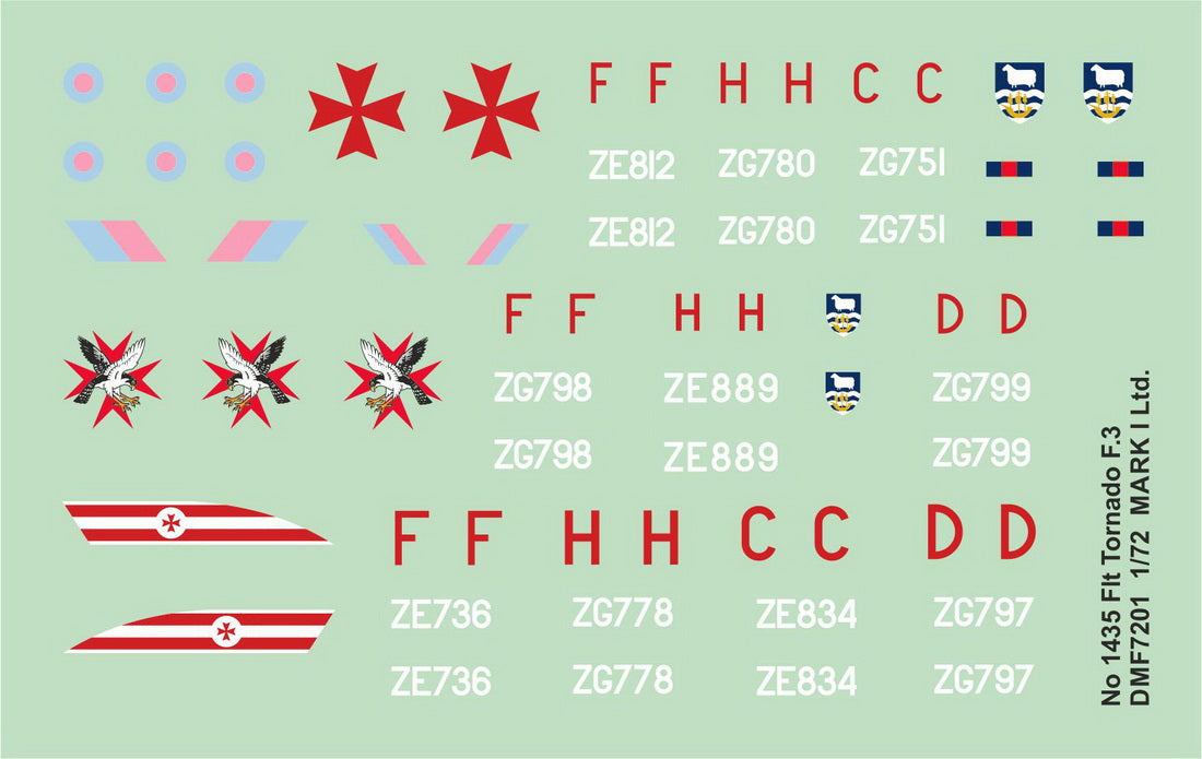 Mark I Decals DMF7201 1:72 No.1435 Flt. Panavia Tornado F.3No.1435 Flt. Tornado F.3Tornado F.3s, based at RAF Mount Pleasant, provide air defence for the Falkland Islands, South Georgia and the South Sandwich Islands.Decals for the followin