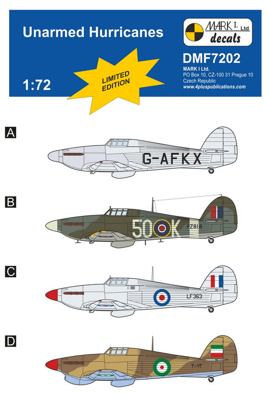 Mark I Decals DMF7202 1:72 Unarmed Hawker Hurricanes Mk.I/Mk.IIC