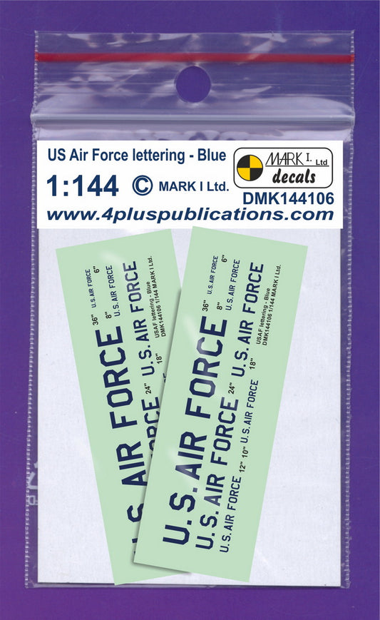 Mark I Decals DMK144106 1:144 DMK144106	USAF lettering - Blue, 2 sets				letter heights: 4,6,8,10,12,18,24,36'				scale heights: 0.7;1.0;1.4;1.8;2.1;3.2;4.2;6.4 mm