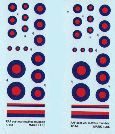 Mark I Decals DMK14419 1:144 RAF Post-war Red & Blue roundels, 2 sets diameter: 12, 18, 24, 30, 36, 48', 8' and 18' fin flash stripes