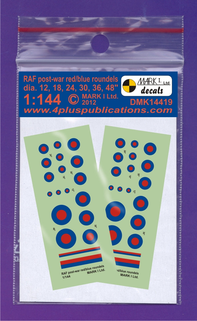 Mark I Decals DMK14419 1:144 RAF Post-war Red & Blue roundels, 2 sets diameter: 12, 18, 24, 30, 36, 48', 8' and 18' fin flash stripes