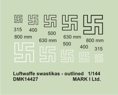 Mark I Decals DMK14427 1:144 Luftwaffe Swastikas, Outlined (size: 315;400;500;630;800 mm), 2 sets