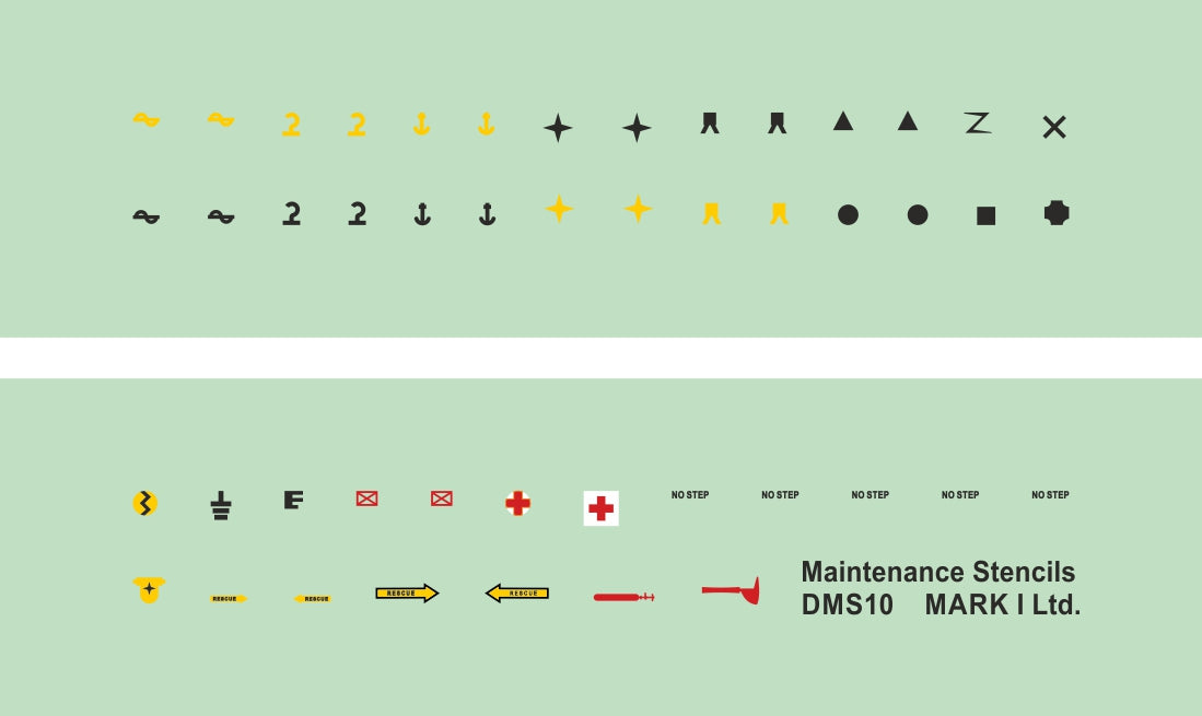 Mark I Decals DMS10 1:144, 1:72, 1:87, 1:96 Aircraft Maintenance Stencils (various types), 2 sets.