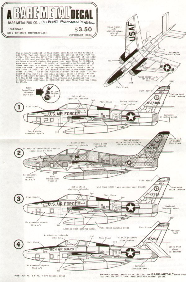 Experts Choice EC4802 1:48 Republic RF-84F/K Thunderflash 127 TRW Michigan ANG. 27409, 27 or 27254 FICON