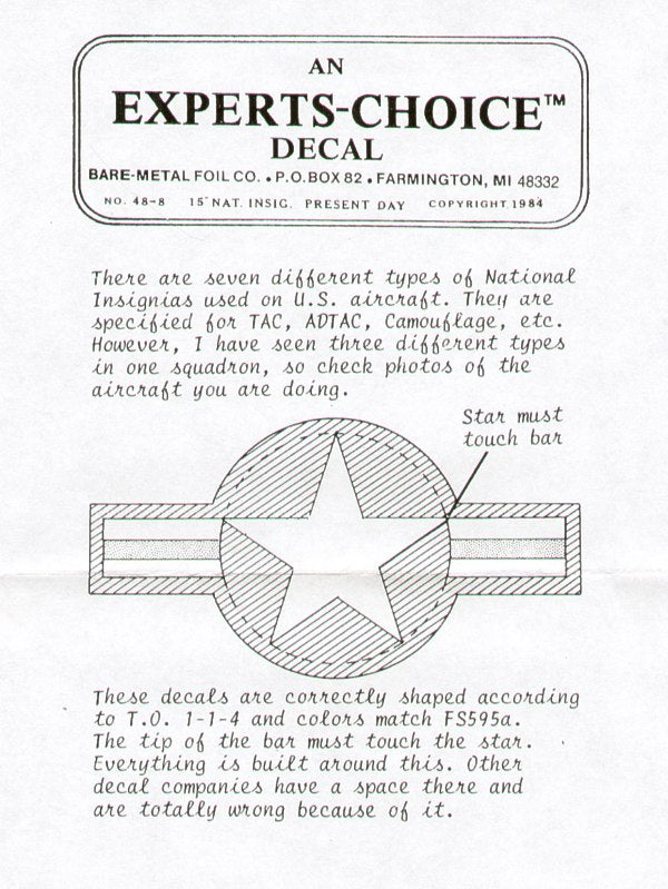 Experts Choice 4808 1:48 US. National Insignia 16mm x 9mm 7 different styles. 2 Hi vis, 5 low vis