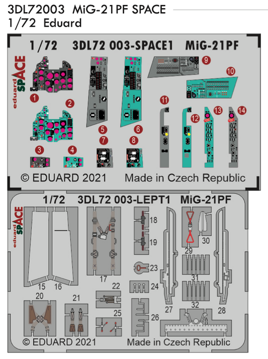 Eduard 3DL72003 1:72 Mikoyan MiG-21PF SPACE 3D-Printed Instrument Decals