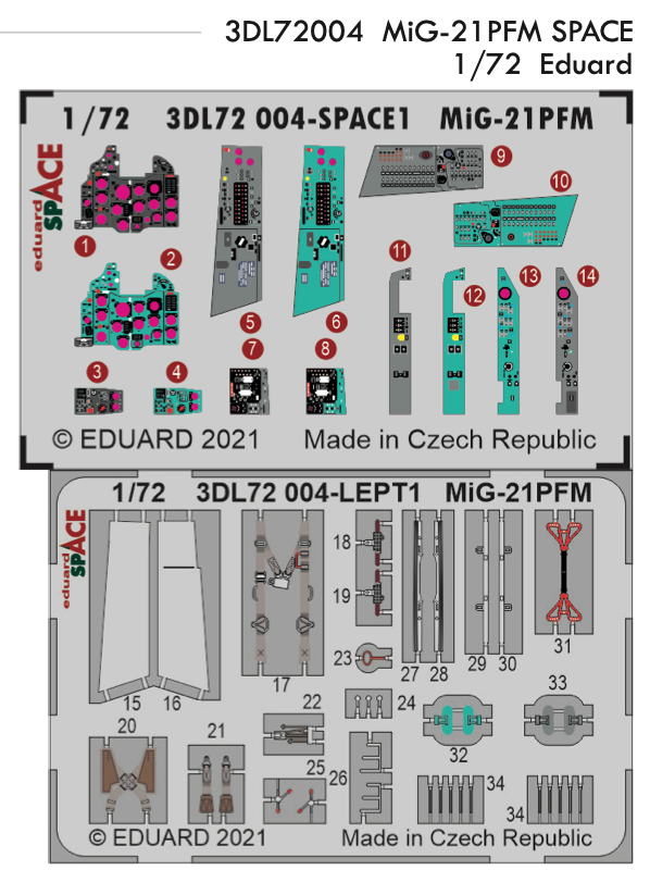 Eduard 3DL72004 1:72 Mikoyan MiG-21PFM SPACE 3D-Printed Instrument Decals