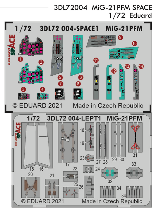 Eduard 3DL72004 1:72 Mikoyan MiG-21PFM SPACE 3D-Printed Instrument Decals