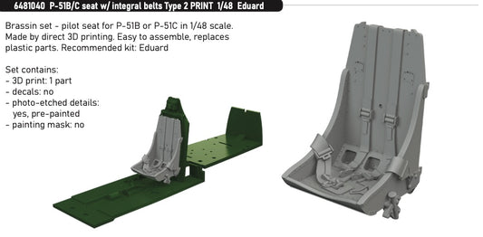 Eduard Brassin 6481040 1:48 North-American P-51B/C Mustang Seat with integral belts Type 2 PRINT