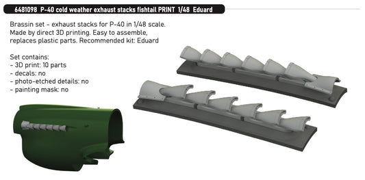 Eduard Brassin 6481098 1:48 Curtiss P-40E Warhawk Cold Weather Exhaust Stacks Fishtail 3D-Printed