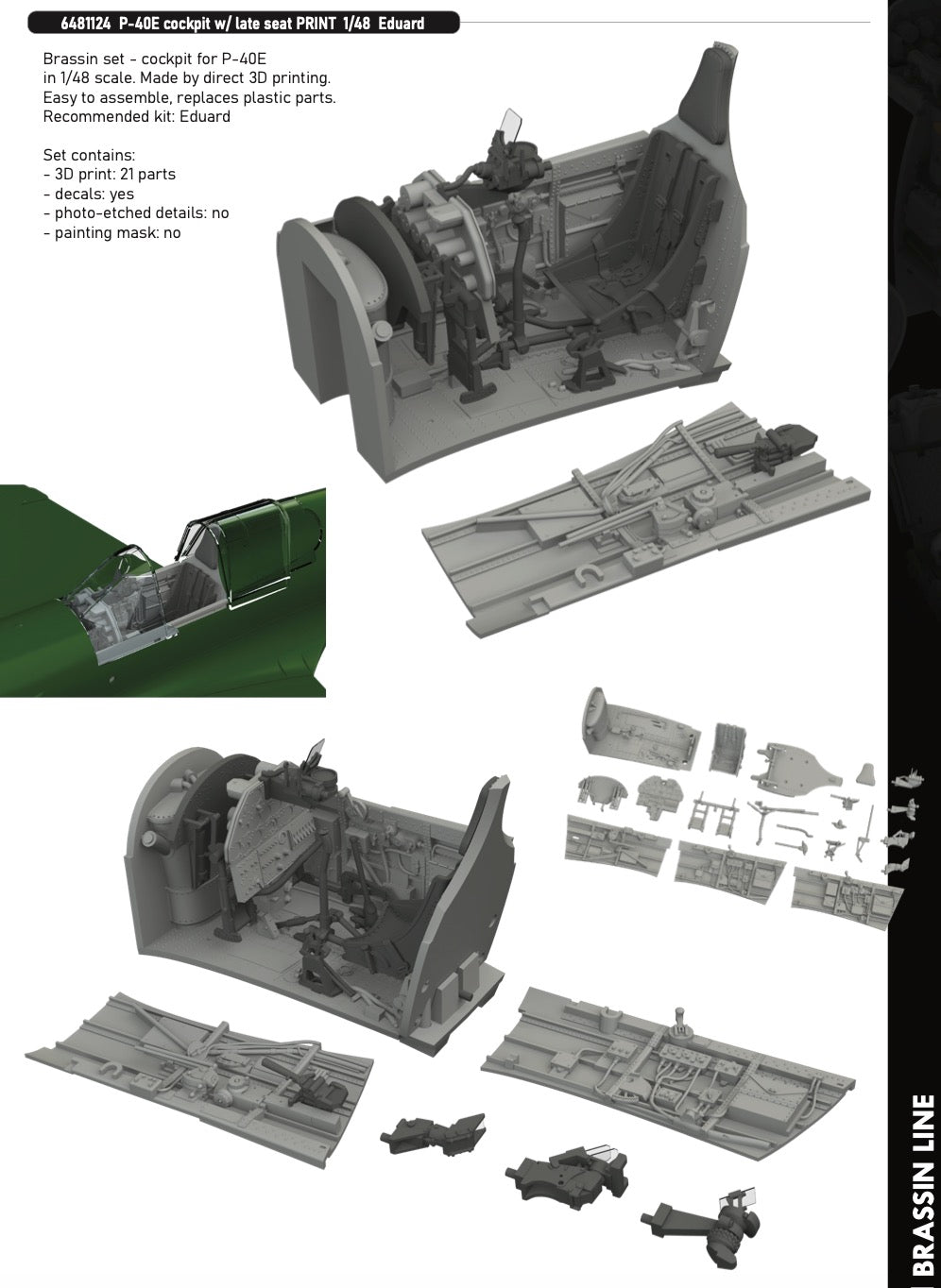 Eduard Brassin 6481124 1:48 Curtiss P-40E Warhawk Cockpit with Late Seat 3D-Printed