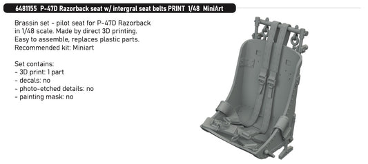 Eduard Brassin 6481155 1:48 Republic P-47D Thunderbolt Razorback seat with integral seat belts