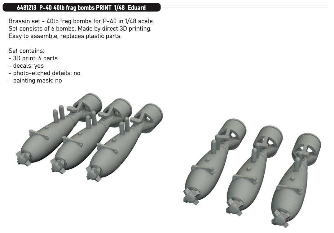 Eduard Brassin 6481213 1:48 Curtiss P-40E/P-40K 40lb Frag Bombs PRINT